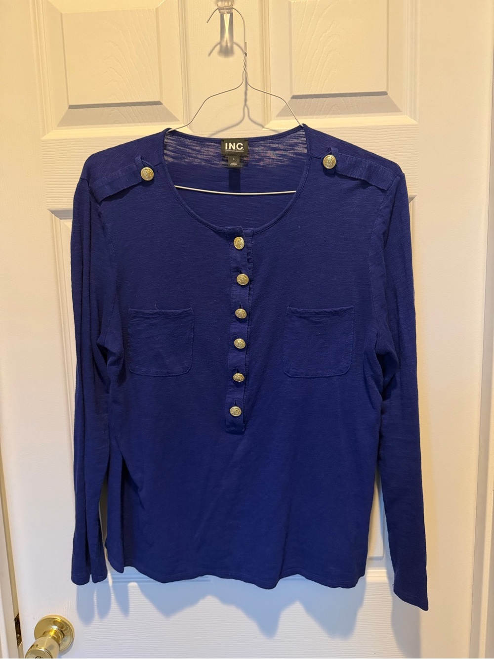 I.N.C. International Concepts Blue Long Sleeve Button Top Women’s Large